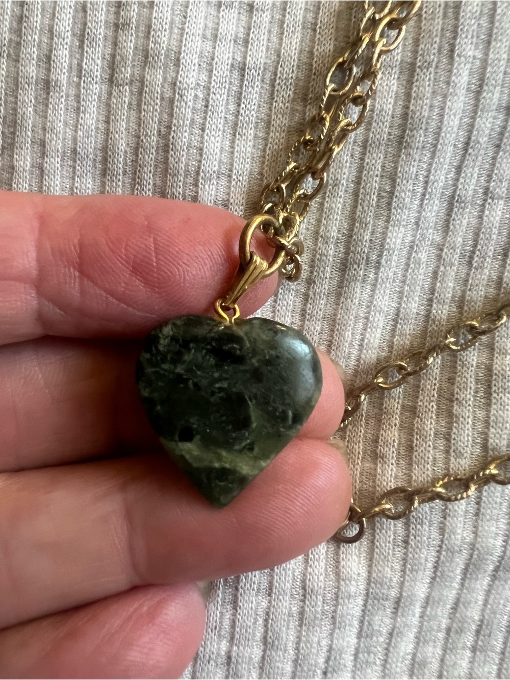 Jadeite Necklace, Green Heart Shaped Pendant on gold tone chain, good condition